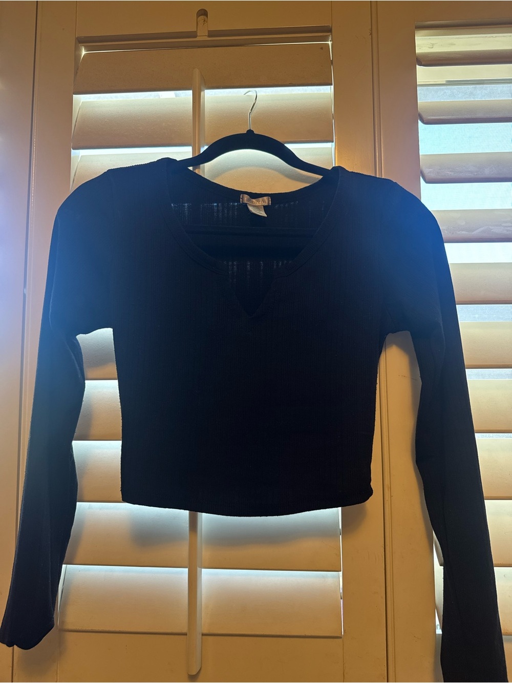 Black Ribbed Long-Sleeve V-Neck Top - Women's